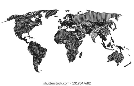 Best doodle world map for your design. Hand drawn freehand editable sketch. Planet Earth simple graphic style. Vector line illustration, EPS 10