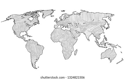 Best doodle world map for your design. Hand drawn freehand editable sketch. Planet Earth simple graphic style. Vector line illustration, EPS 10
