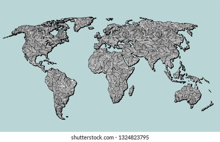 Best doodle world map for your design. Hand drawn freehand editable sketch. Planet Earth simple graphic style. Vector line illustration, EPS 10