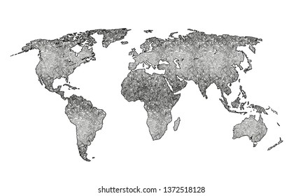 Best doodle world map for your design. Hand drawn freehand editable sketch. Planet Earth simple graphic style. Vector line illustration, EPS 10
