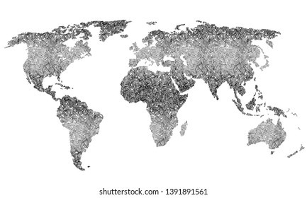 Best doodle world map for your design. Hand drawn freehand editable sketch. Planet Earth simple graphic style. Vector line illustration, EPS 10