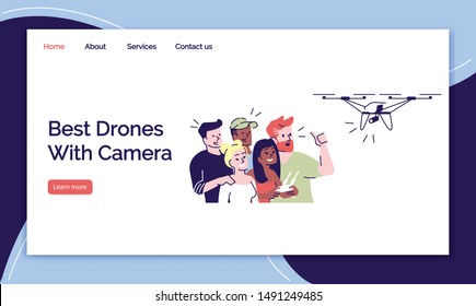 Best drones with camera landing page vector template. Shooting with drone website interface idea with flat illustrations. Friends taking selfie homepage layout. Web banner, webpage cartoon concept