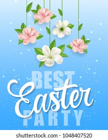 Best Easter party lettering with flowers and sparkles on gradient blue background. Greeting card, postcard, invitation. Easter holiday concept. Can be used for posters, leaflets and brochure