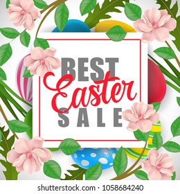 Best Easter Sale lettering in frame. Easter invitation with plants. Handwritten and typed text, calligraphy. For invitations, flyers, posters, leaflets and brochures.