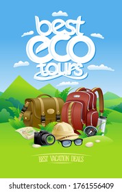 Best eco tours, best vacation deals vector banner with bag and backpack, sunglasses, hat, compass and camera, against wild jungle on a backdrop