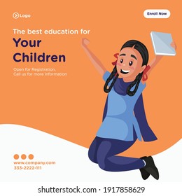 The best education for your children banner design. School girl is holding a notebook in hand and jumping. Vector graphic illustration.