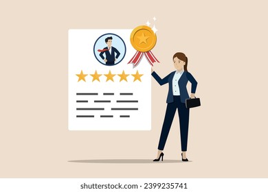 Best employee evaluation review, staff career annual assessment, employee measurement concept, businessman manager giving star review on best employee performance management.