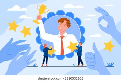 Best employee with golden trophy cup, recognition award for winner banner vector illustration. Cartoon corporate workers congratulate, celebrate honor prize with man inside frame, staff hands clap