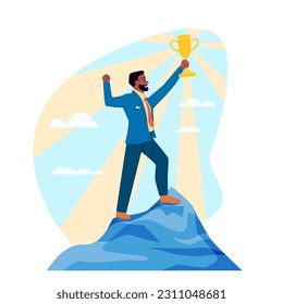 Best employee with golden trophy cup at top of mountain vector illustration. Cartoon man leader standing on peak of career and business opportunity, success climb and challenge of businessman