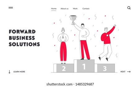 Best Employee Managers Website Landing Page. Smiling Business People Stand on Winners Pedestal with Golden Cup, Medals and Confetti. Most Great Result Web Page Banner. Cartoon Flat Vector Illustration