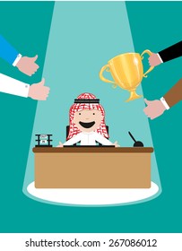 Best Employee or Employee of the Month for an Arab Company. Arab Cartoon smiles for the awards and accolades he received. Editable EPS10 vector and jpg illustration.