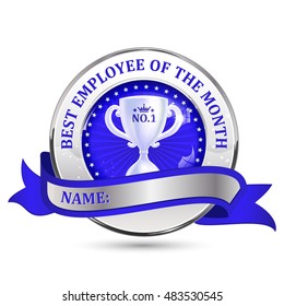 Best employee of the month - metallic blue ribbon / label. Image have its empty place for the awarded employee.
