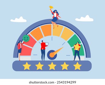 Melhor funcionário, melhor qualidade, melhor desempenho, melhor feedback, classificações, satisfação, funcionário de pessoas de negócios com estrelas e recompensa feliz Envolvimento, compromisso ou motivação do funcionário para o sucesso 