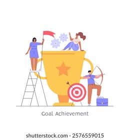 Best employee with winner cup. Concept of career success, motivation, achieving goals. Reward program and receiving rewards. People earn reward loyalty, bonus, business award. Vector flat design