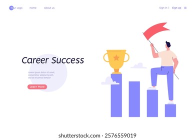 Best employee with winner cup. Concept of career success, motivation, achieving goals. Reward program and receiving rewards. People earn reward loyalty, bonus, business award. Vector flat design