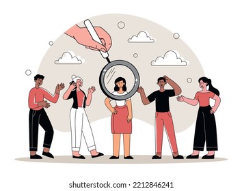 Mejor concepto de empleador. La mano con lupa apunta a una mujer joven. Empresaria o empresaria exitosa. Director de Recursos Humanos, contratación. Afiche o pancarta. Dibujo vectorial plano de dibujos animados