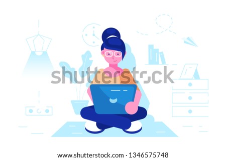 Best estimate of performance. people leave feedback and comments, successful work is the highest score. Girl online assistant at work.promotion in the network.Vector illustration on white background. 