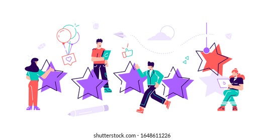 la mejor estimación del rendimiento, la puntuación de cinco puntos. la gente deja comentarios y comentarios, el trabajo exitoso es el resultado más alto. Diseño plano moderno ilustración vectorial sobre fondo blanco