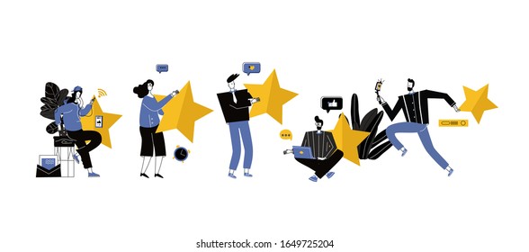 the best estimate of performance, the score of five points. people leave feedback and comments, successful work is the highest score.vector illustration flat style trendy blue colors