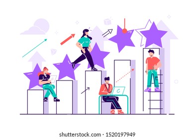 The best estimate of performance. Vector. The score of five points. People leave feedback and comments, successful work is the highest score. Flat style vector illustration on white background. 