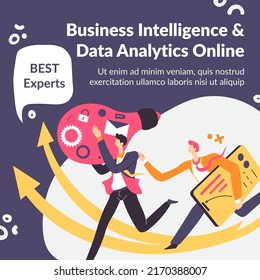 Best experts in business intelligence and data analytics, online information for clients. Businessmen help to develop and organize project. Promotional banner or advertisement. Vector in flat style