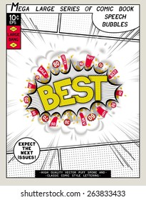Best. Explosion in comic style with lettering and realistic puffs smoke. 3D pop art speech bubble. Vector graphics CMYK