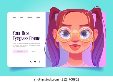 Cartel de la mejor lentes enmarcan el marco con una linda chica con gafas redondas de oro. Página de aterrizaje vectorial de la óptica de la moda con ilustración de dibujos animados de una joven con espectáculos