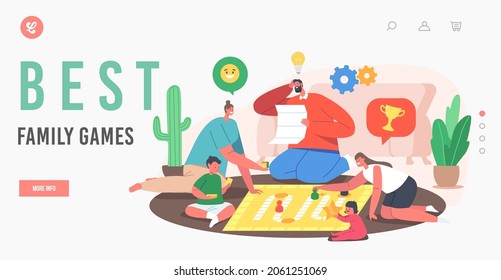 Best Family Games Landing Page Template. Happy Characters Fun, Joyful Sparetime, Kids and Parents Playing Board Games. Adult and Children Play Together with Riddle. Cartoon People Vector Illustration