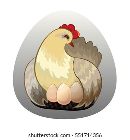 Best farm eggs design template. Eco farm quality concept. Chicken with eggs on nest. Label, banner or logo design. Vector illustration stock vector.