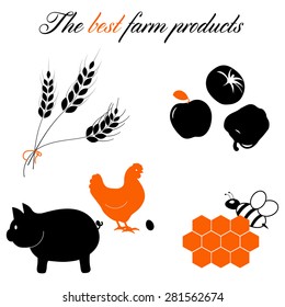 The best farm products. Agriculture. Livestock. Set: vegetables, fruits, animals, wheat, corn, honey, bees