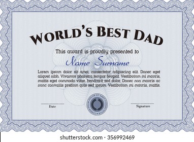 Best Father Award Template. With guilloche pattern and background. Excellent complex design. Detailed.
