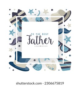 To the best father banner, card template. Happy Fathers Day logo design with male classic accessories cartoon vector