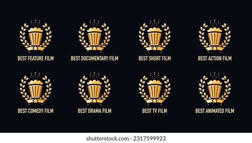 Best feature film motion picture nomination winner gold and black vector emblem. Movie genre award icon set with popcorn and laurel wreath