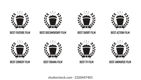 Best feature film motion picture nomination winner black and white vector emblem. Movie genre award icon set with popcorn and laurel wreath