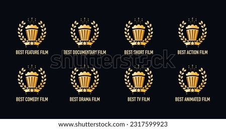 Best feature film motion picture nomination winner gold and black vector emblem. Movie genre award icon set with popcorn and laurel wreath Stockfoto © 