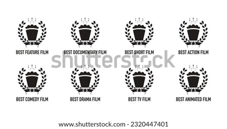 Best feature film motion picture nomination winner black and white vector emblem. Movie genre award icon set with popcorn and laurel wreath Stockfoto © 