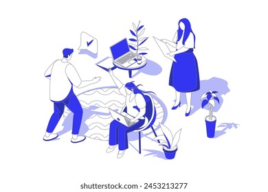 Best feedback 3d isometric concept in isometry graphic design for web. People scene with clients leaving user experience satisfaction with review comments and rating online. Vector illustration.