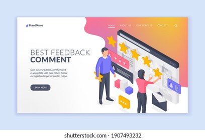 Beste Feedback-Kommentar Website-Banner-Vorlage. Mann und Frau hinterlassen beste Feedback Kommentar und Bewertung Online-Service. Isometrische Vektorgrafik
