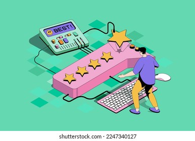 Best feedback concept in 3d isometric design. Man rates quality in stars and leave comments or reviews. Customer and user satisfaction. Vector isometry illustration with people scene for web graphic