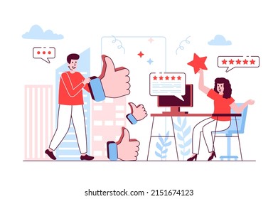 Best feedback concept in flat line design. Man and woman giving consumer feedbacks, living customer reviews at websites, satisfaction level. Vector illustration with outline people scene for web