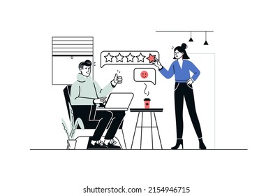 Best feedback concept in flat line design. Man and woman giving consumer feedbacks with stars, leaving comments with good experience and review. Vector illustration with outline people scene for web