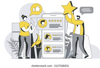 Best feedback concept with outline people scene. Man and woman leave high rating stars and likes. Users write comments about their experience. Vector illustration in flat line design for web template