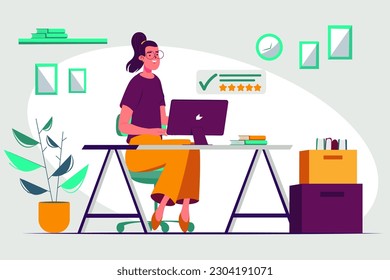 Best feedback concept with people scene in the flat cartoon style. A woman reads good reviews written to her by Internet users. Vector illustration.