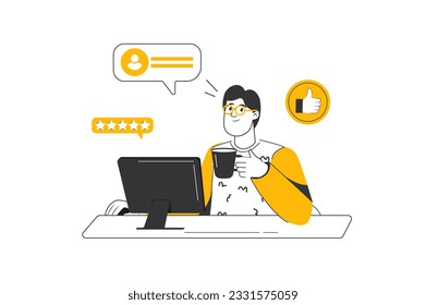 Best feedback concept with people scene in the flat cartoon style. The blogger is happy with the great feedback from followers. Vector illustration.
