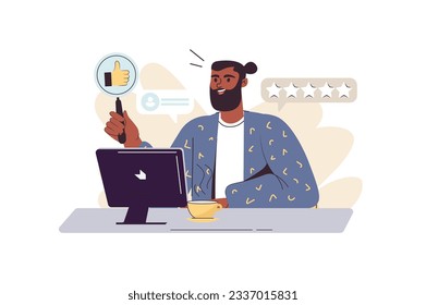 Best feedback concept with people scene in the flat cartoon style. The blogger reviews the feedback of his subscribers. Vector illustration.