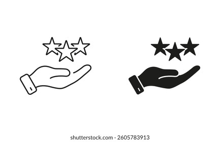 Best Feedback Concept. Positive Review, Good Quality Service Symbol. Hand Holds Stars Line and Silhouette Icon Set. Client Experience. Editable Stroke. Isolated Vector Illustration.