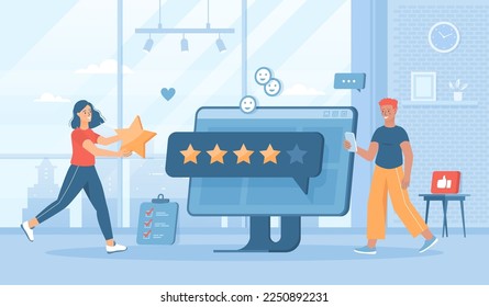 Best feedback, five star rating. Customer client positive review. User satisfaction, recommendations. Flat cartoon vector illustration with people characters for banner, website design or landing page