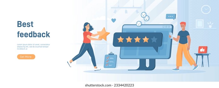 Best feedback, five star rating. Customer client positive review. User satisfaction, recommendations. Flat concept great for social media promotional material. Website banner on white background.