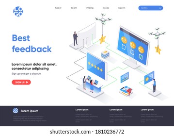 Best feedback isometric landing page. Online customers opinion, rating and review isometry concept. Social media marketing, feedback comment flat web page. Vector illustration with people characters.