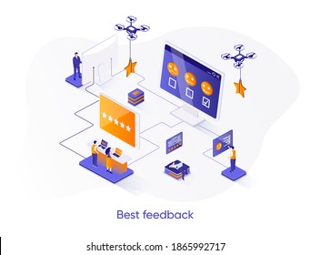 Best feedback isometric web banner. Online customers opinion, rating and review isometry concept. Social media marketing 3d scene, feedback comment design. Vector illustration with people characters.